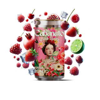 Venetian Rosato wine spritz served in glass with strawberry garnish on dark moody background