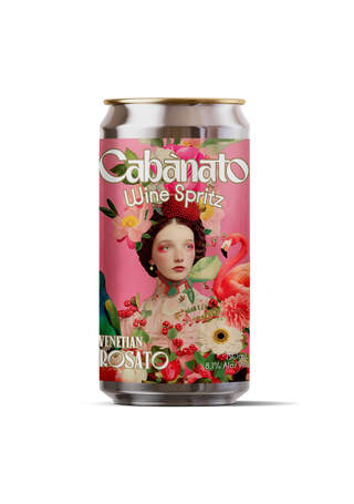Cabanato Venetian Rosato can with pink and gold label featuring Italian Venetian art