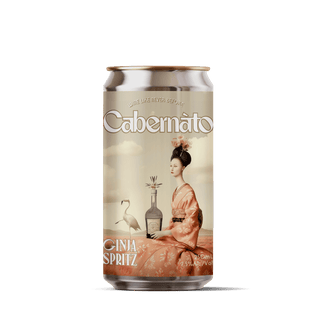 Cabanato Ginja Spritz can with Japanese botanical illustration label, green and gold tones